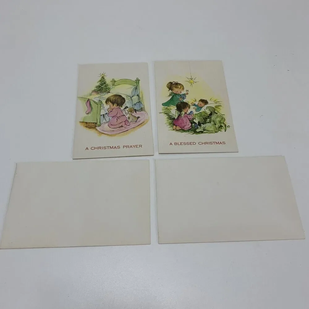 Pair vintage note cards Reproducta Co. USA Religious Children Christmas